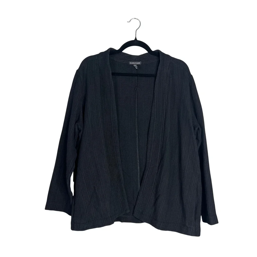 Eileen Fisher‎ Open Cardigan Size L Textured Cotton Tencel Pockets